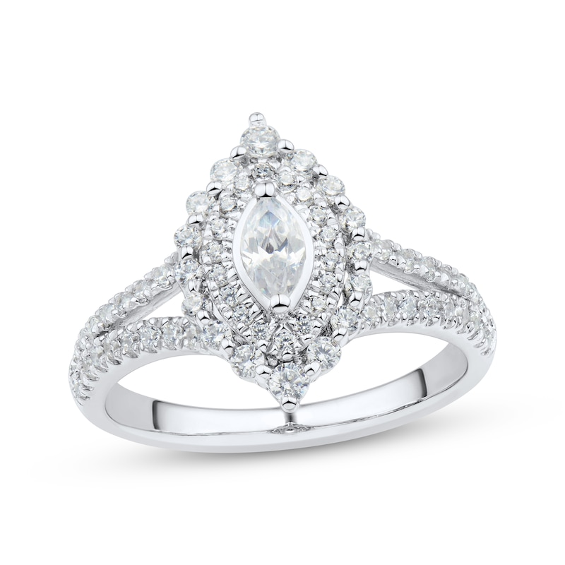 Marquise & Round-Cut Diamond Engagement Ring 3/4 ct tw White Gold Plated