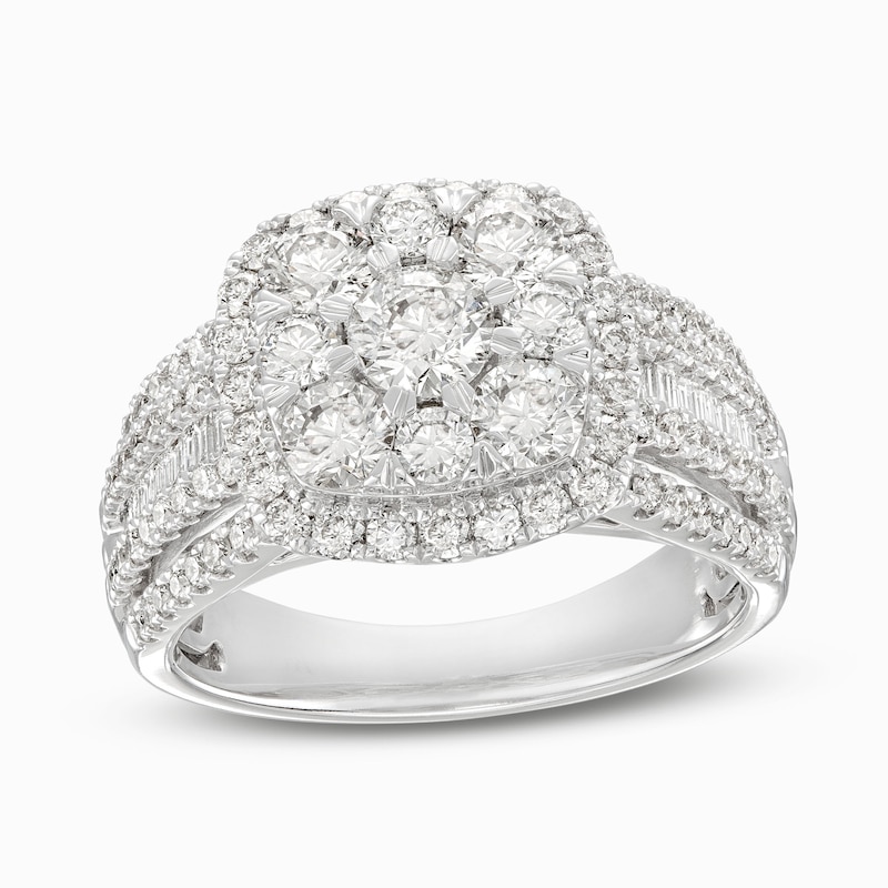 Multi-Diamond Engagement Ring 2 ct tw Round & Baguette-cut White Gold Plated