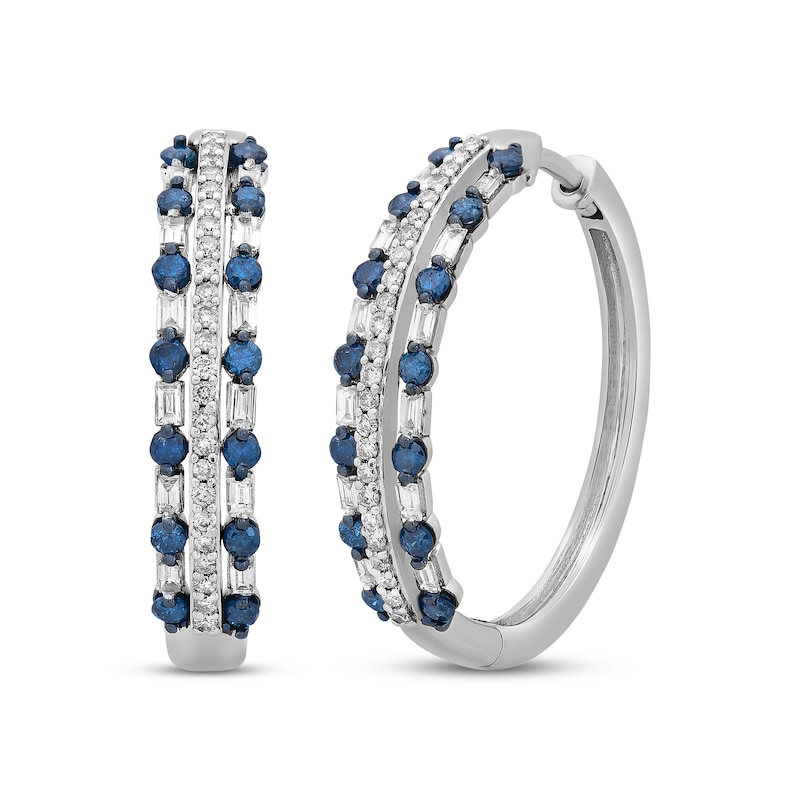 Blue & White Diamond Three-Row Hoop Earrings 1 ct tw Round & Baguette-cut White Gold Plated