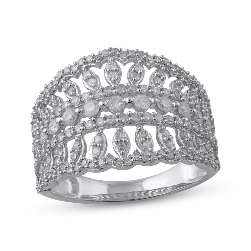 Diamond Scalloped Edge Ring 1 ct tw White Gold Plated