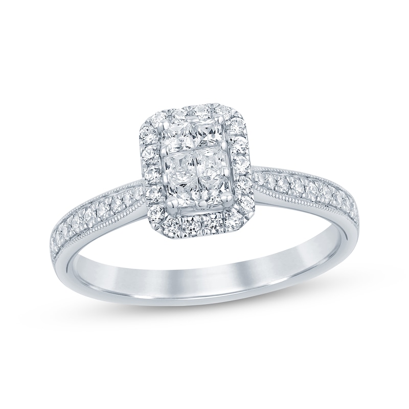 Vintage-Style Princess & Round-Cut Multi-Diamond Center Engagement Ring 1/2 ct tw White Gold Plated