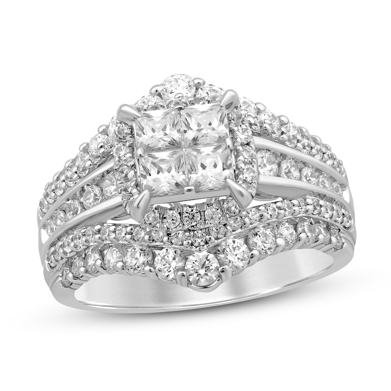 Multi-Diamond Engagement Ring Princess & Round White Gold Plated