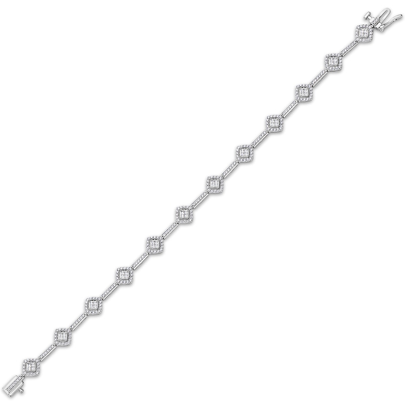 Princess & Round-Cut Diamond Cushion-Link Bracelet 1-1/2 ct tw White Gold Plated 7.25"