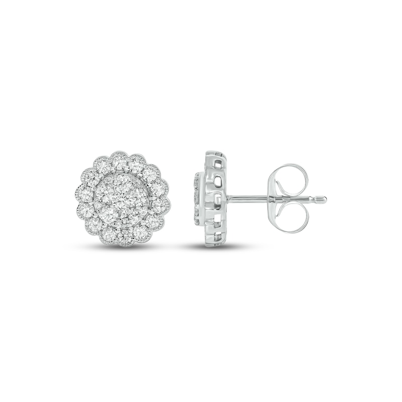 Diamond Flower Stud Earrings 1 ct tw Round-cut White Gold Plated