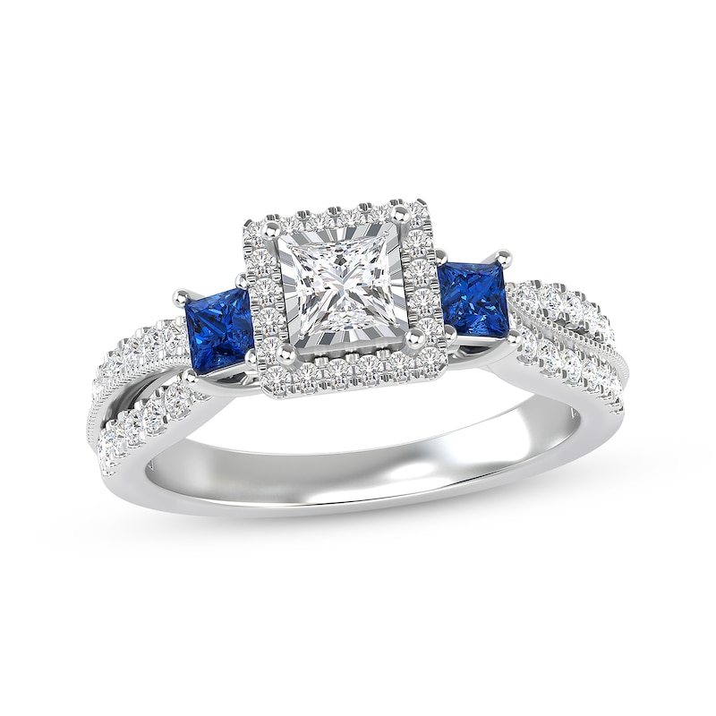 Princess & Round Cut Diamond and Square-Cut Blue Sapphire Three-Stone Engagement Ring 3/4 ct tw White Gold Plated