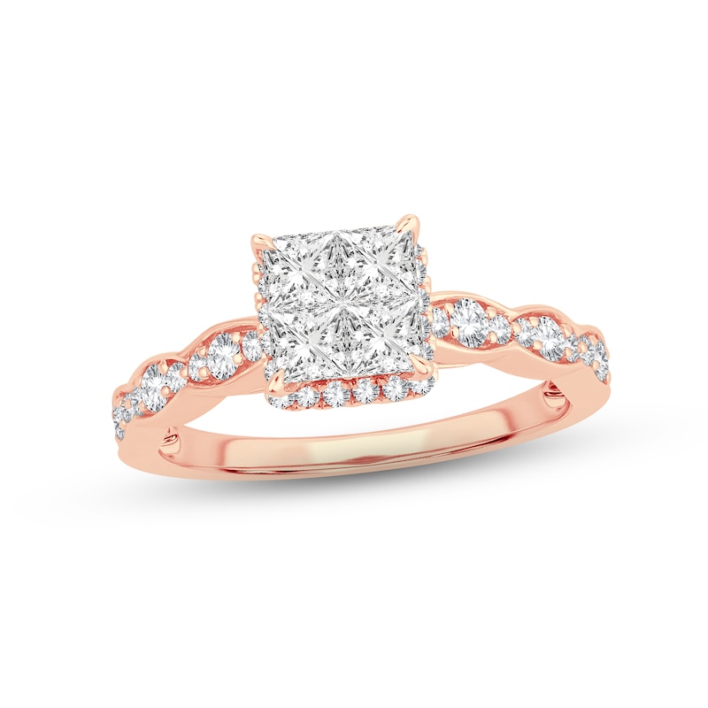 Multi-Diamond Engagement Ring 1 ct tw Princess & Round-cut Rose Gold Plated