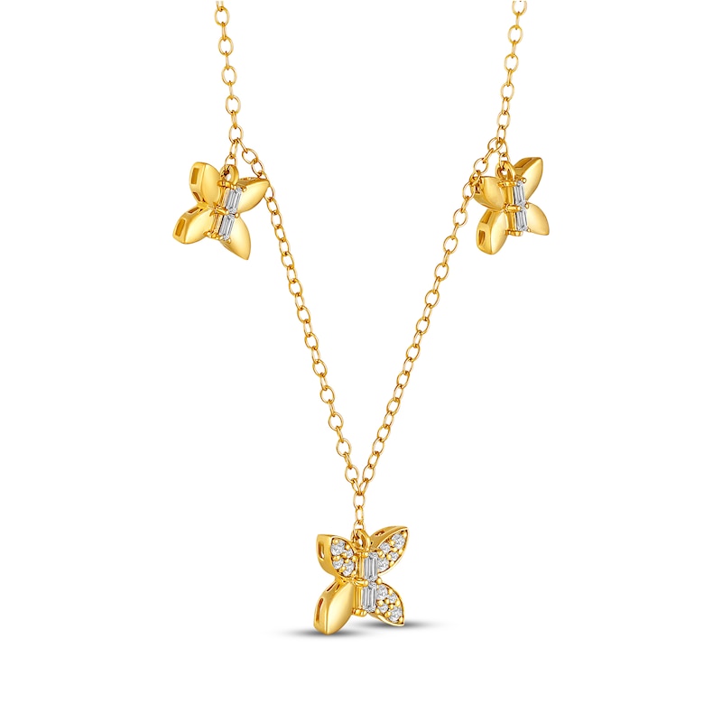 Baguette & Round-Cut Diamond Butterfly Trio Y-Drop Necklace 1/5 ct tw Yellow Gold Plated 18"