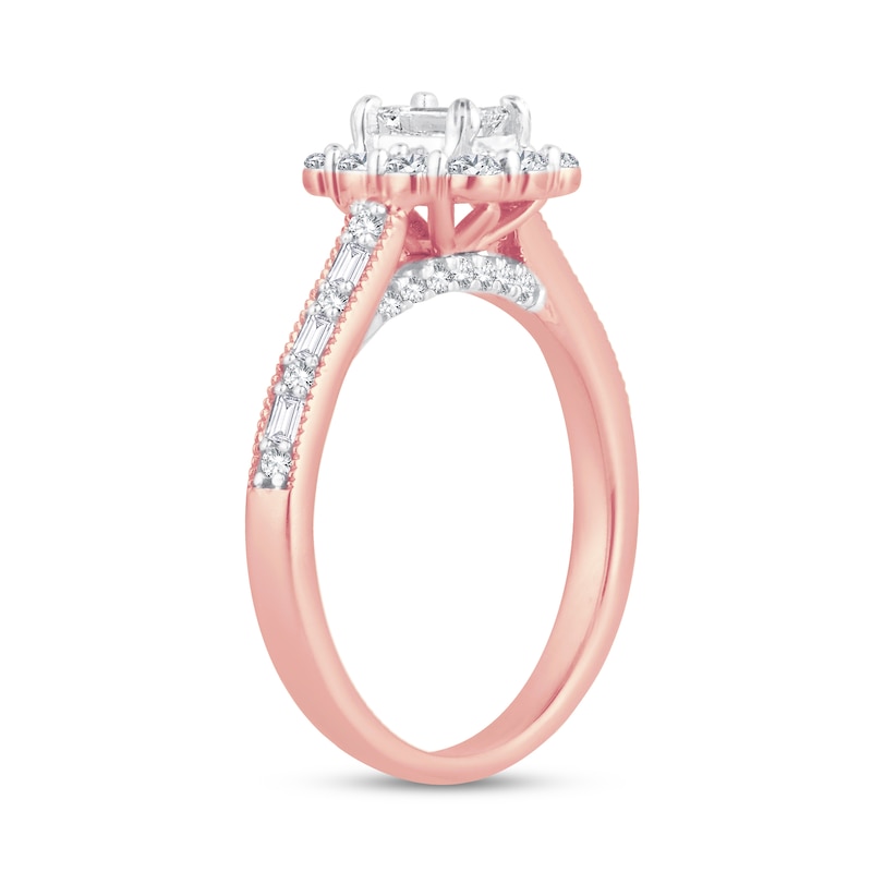 Diamond Engagement Ring 3/4 ct tw Emerald, Round & Baguette Rose Gold Plated