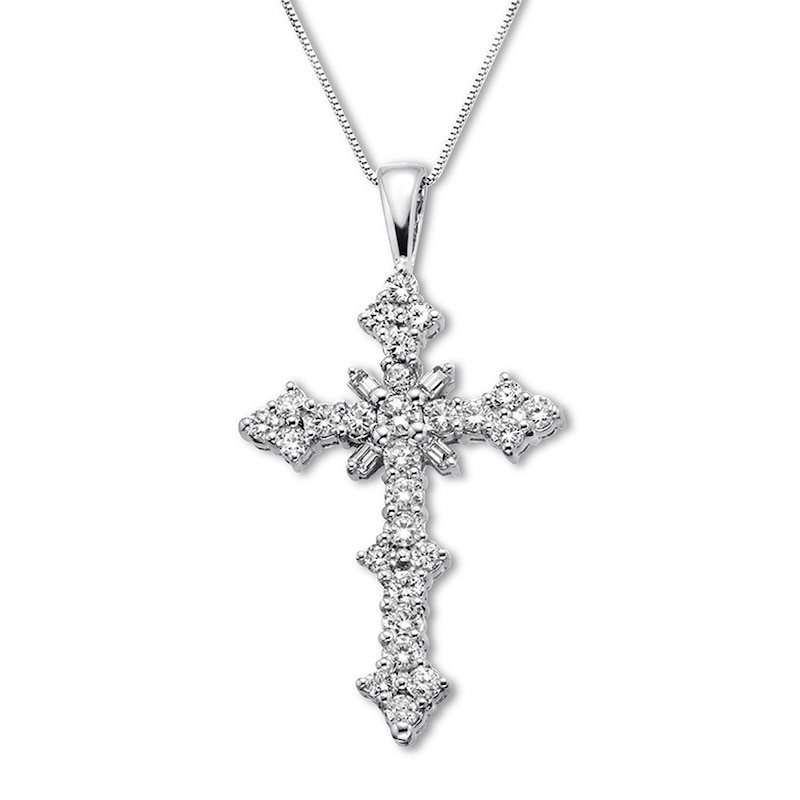 Diamond Cross Necklace 1/2 ct tw Round & Baguette White Gold Plated 18"