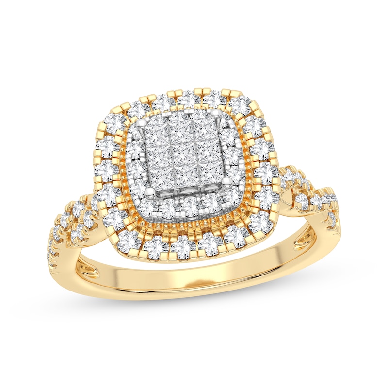 Multi-Diamond Cushion Engagement Ring 3/8 ct tw Princess & Round-cut Yellow Gold Plated