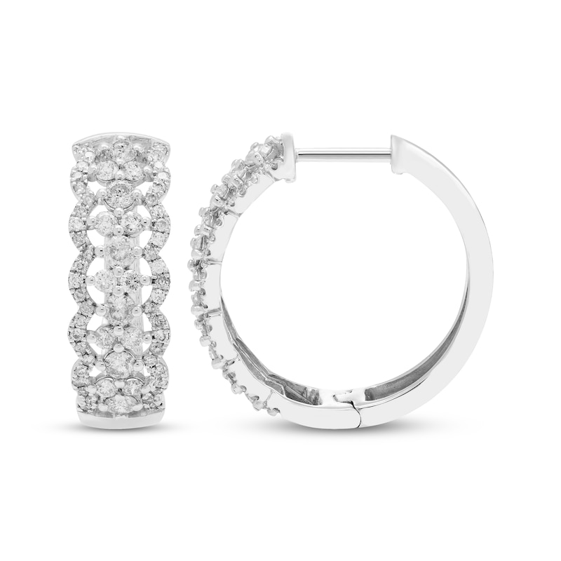 Diamond Scalloped Hoop Earrings 1 ct tw White Gold Plated