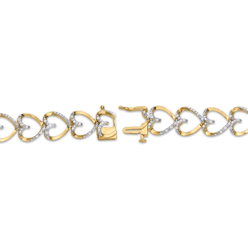 Diamond Stacked Hearts Link Bracelet 1/2 ct tw Yellow Gold Plated 7"