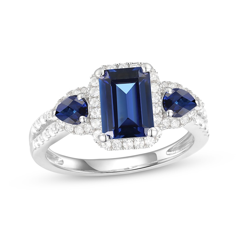Emerald-Cut & Pear-Shaped Blue Sapphire & Diamond Three-Stone Ring 1/3 ct tw White Gold Plated