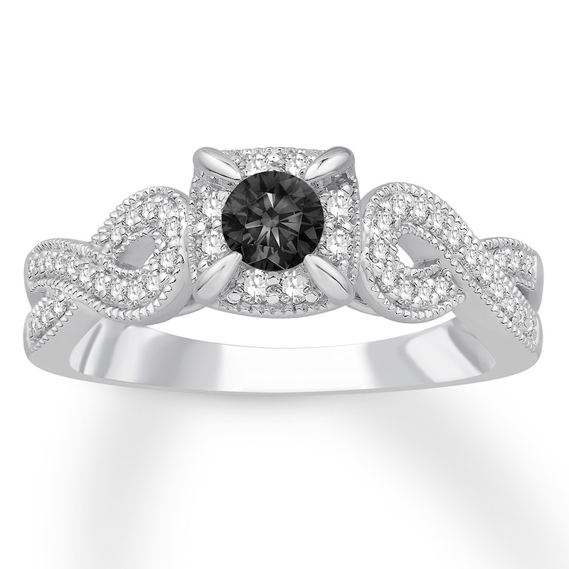 Black/White Diamond Engagement Ring 1/2 Carat tw White Gold Plated