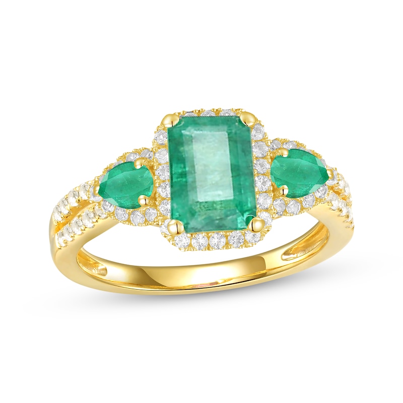 Emerald-Cut & Pear-Shaped Emerald & Diamond Three-Stone Ring 1/3 ct tw Yellow Gold Plated