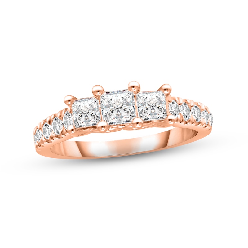 Three-Stone Diamond Engagement Ring 1-1/2 ct tw Princess & Round-cut Rose Gold Plated