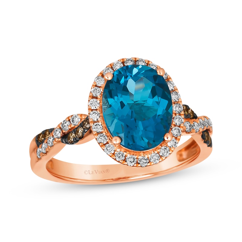 Le Vian Chocolate Twist Oval-Cut Blue Topaz Ring 1/3 ct tw Diamonds Strawberry Gold Plated