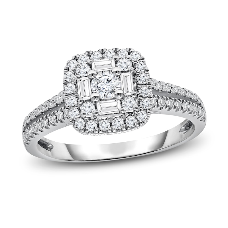 Diamond Engagement Ring 5/8 ct tw Round/Baguette White Gold Plated