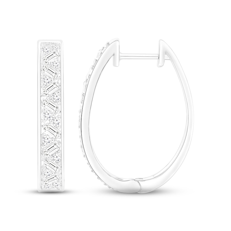 Diamond Hoop Earrings 1/2 ct tw Baguette & Round-cut White Gold Plated