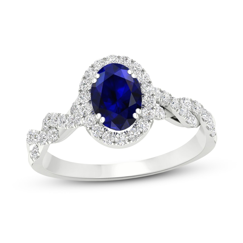 Blue Sapphire & Diamond Engagement Ring 1/3 ct tw Oval & Round-cut White Gold Plated