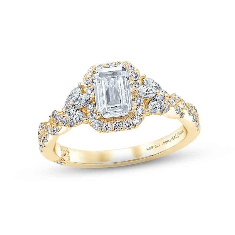 Monique Lhuillier Bliss Diamond Engagement Ring 1-3/8 ct tw Emerald, Round & Marquise-cut Yellow Gold Plated