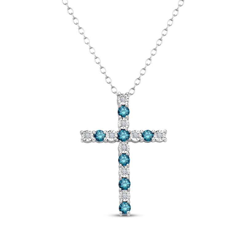 Blue & White Diamond Cross Necklace 1/2 ct tw White Gold Plated 18"