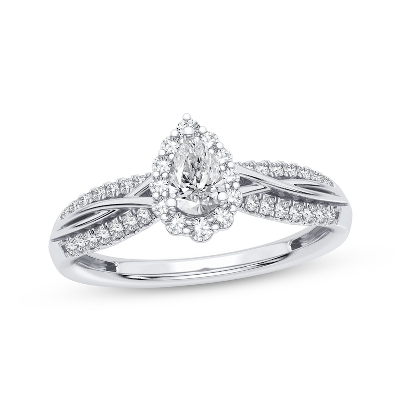 Pear-Shaped & Round-Cut Diamond Engagement Ring 3/8 ct tw White Gold Plated