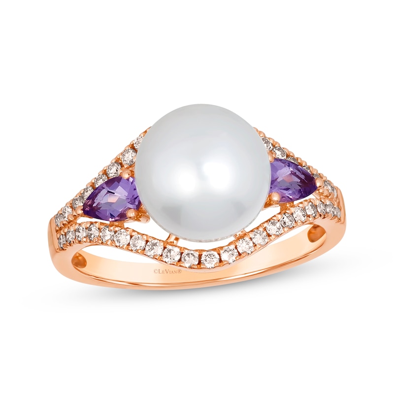 Le Vian Cultured Pearl & Amethyst Ring 1/3 ct tw Diamonds Strawberry Gold Plated