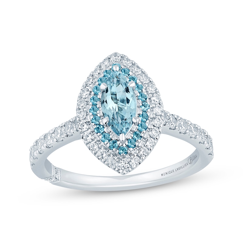 Monique Lhuillier Bliss Marquise-Cut Aquamarine, Swiss Blue Topaz & Diamond Engagement Ring 5/8 ct tw White Gold Plated