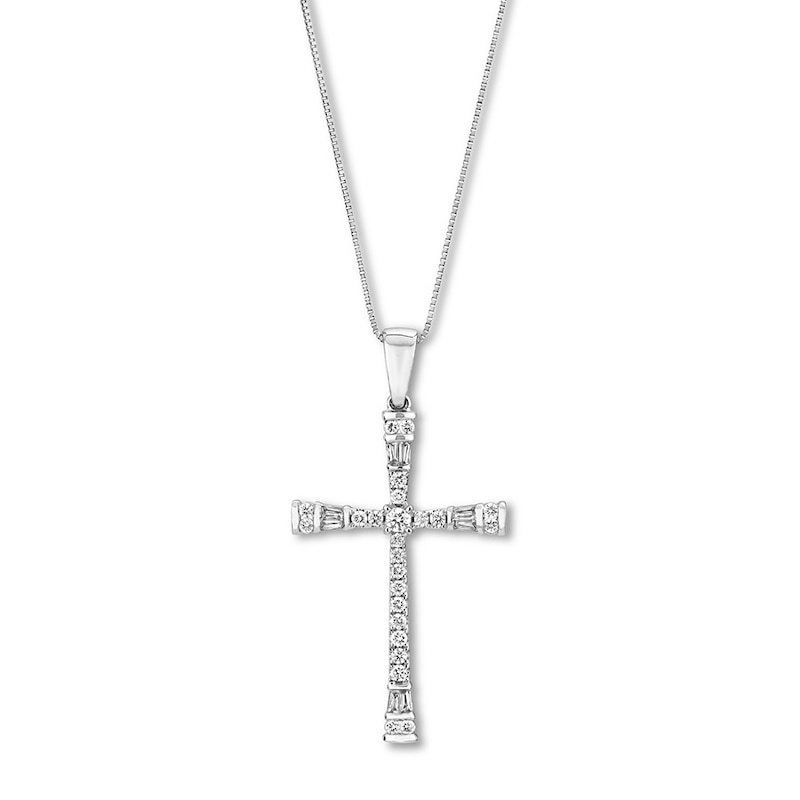 Diamond Cross Necklace 3/8 ct tw Round & Baguette White Gold Plated 18"