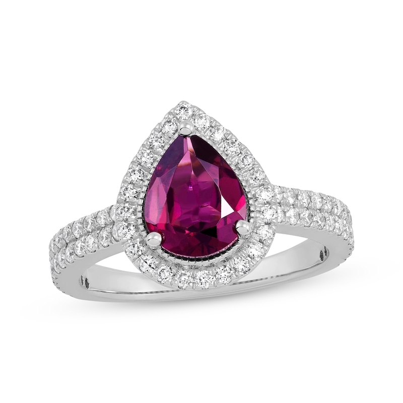 Pear-Shaped Rhodolite Garnet & Diamond Ring 5/8 ct tw White Gold Plated