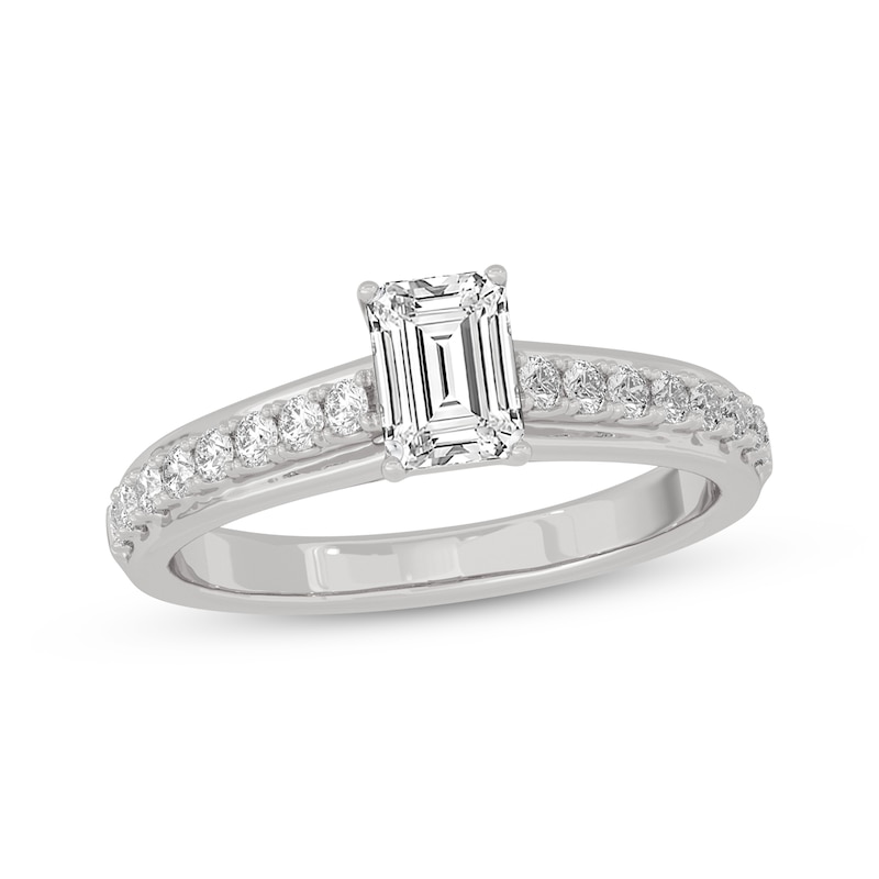 Emerald & Round-Cut Diamond Engagement Ring 3/4 ct tw White Gold Plated