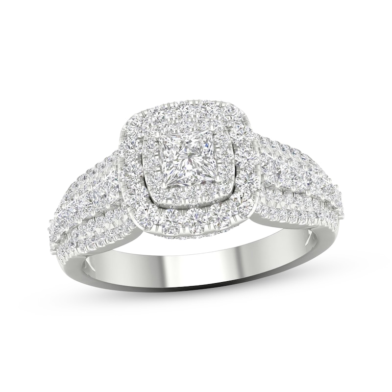 Princess & Round-Cut Diamond Engagement Ring 1-3/8 ct tw White Gold Plated