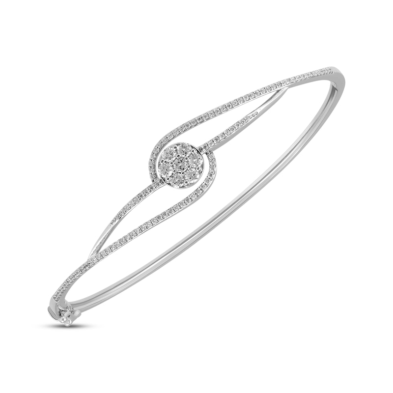 Diamond Flower Swirl Bangle Bracelet 1 ct tw White Gold Plated