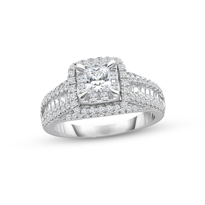 Diamond Engagement Ring 1-1/2 ct tw Princess, Round & Baguette-cut White Gold Plated