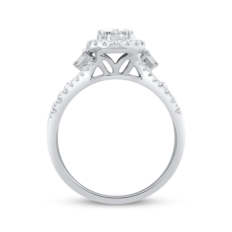 Multi-Diamond Engagement Ring 1/2 ct tw Round & Baguette White Gold Plated