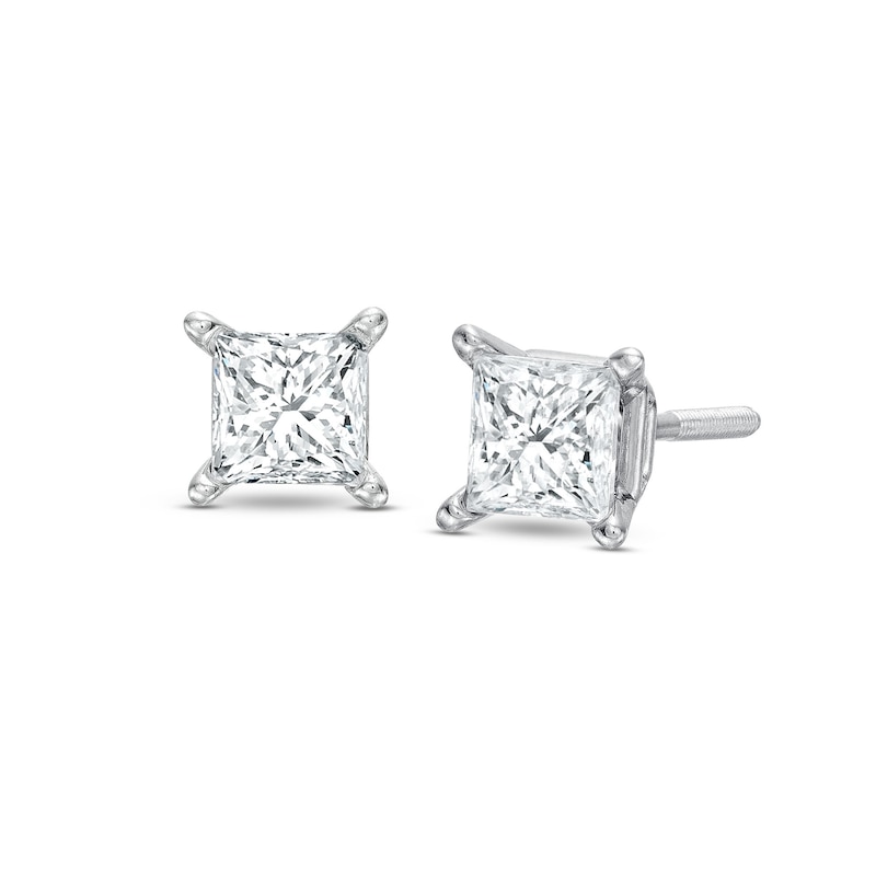 Diamond Solitaire Stud Earrings 3/4 ct tw Princess-cut White Gold Plated