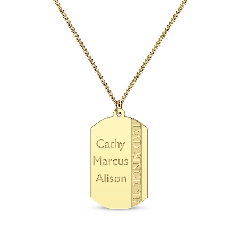 Men's Engraved Names Dog Tag Necklace Yellow Gold Plated 22"