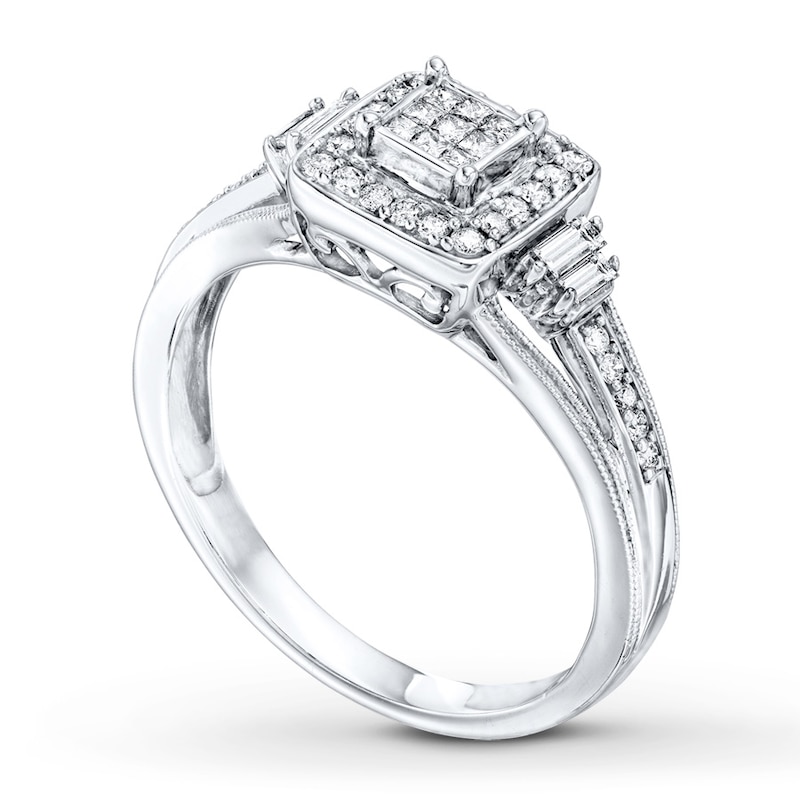 Diamond Ring 1/3 ct tw Princess, Baguette & Round-cut White Gold Plated