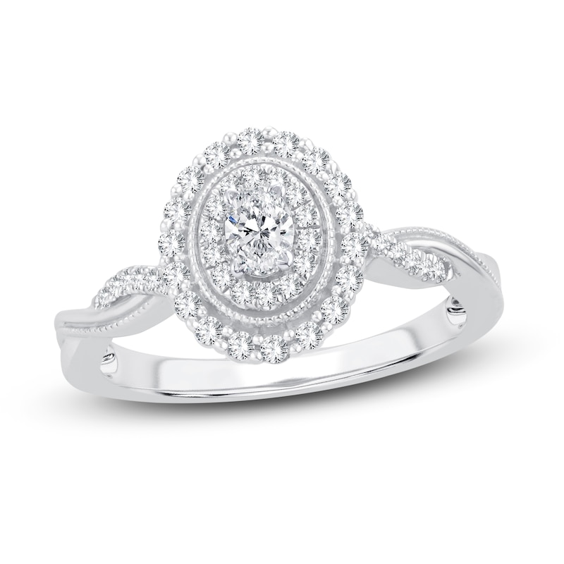 Diamond Engagement Ring 3/8 ct tw Oval & Round White Gold Plated