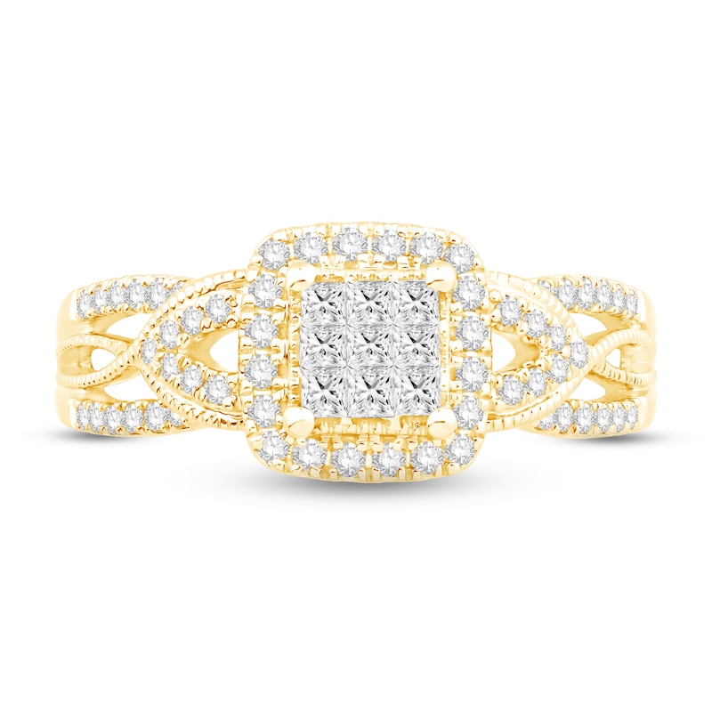 Multi-Diamond Engagement Ring 1/2 ct tw Princess & Round Yellow Gold Plated