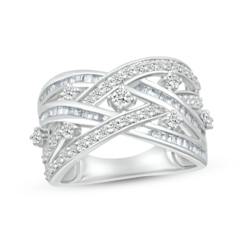 Baguette & Round-Cut Diamond Multi-Row Crossover Ring 3/4 ct tw Silver Plated
