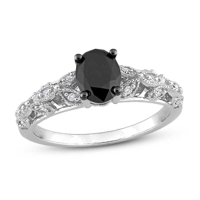 Black & White Diamond Engagement Ring 1 ct tw Oval & Round White Gold Plated