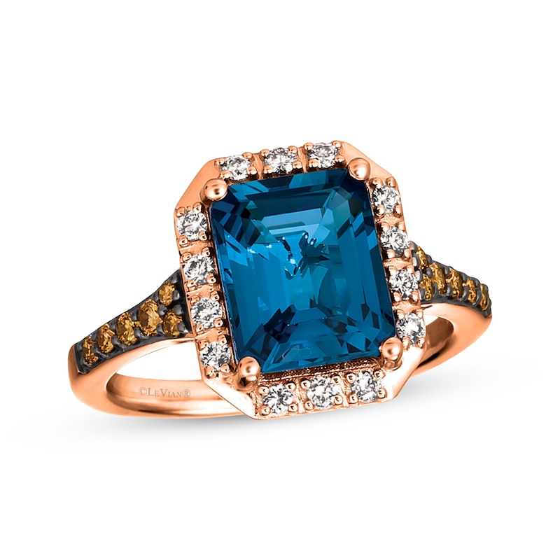 Le Vian Blue Topaz Ring 1/3 ct tw Diamonds Strawberry Gold Plated