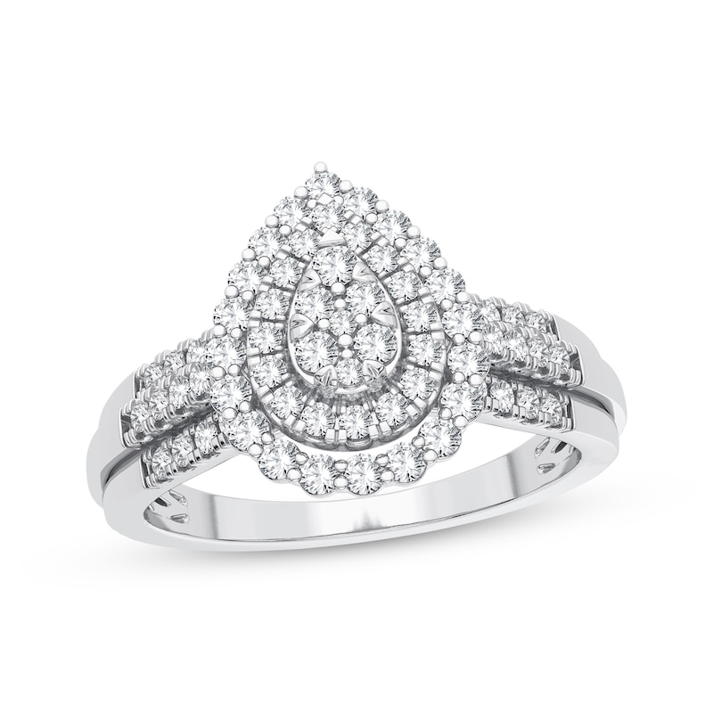 Multi-Diamond Center Pear Halo Engagement Ring 1/3 ct tw Round-cut White Gold Plated