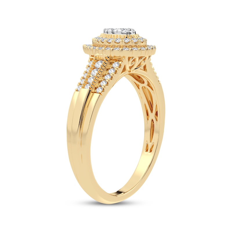 Multi-Diamond Center Pear Double Halo Engagement Ring 1/3 ct tw Round-cut Yellow Gold Plated
