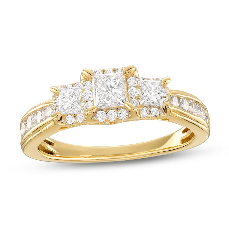 Three-Stone Diamond Engagement Ring 1 ct tw Princess/Round Yellow Gold Plated