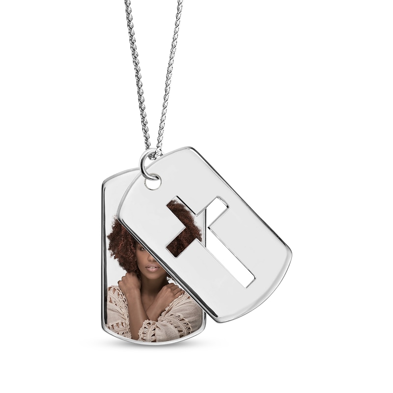 Men's Double Dog Tag Photo & Cross Swivel Necklace White Gold Plated 22"