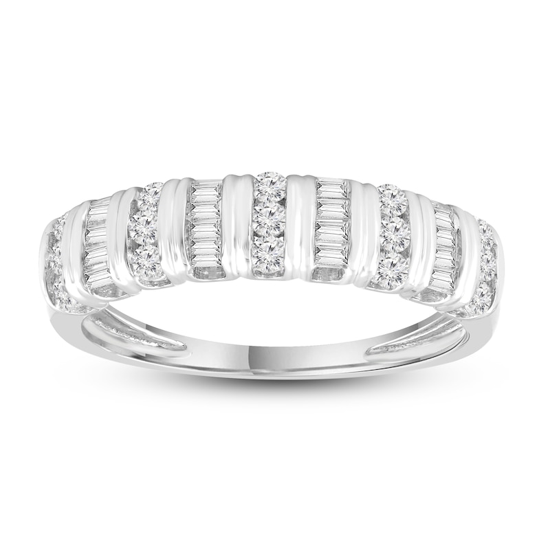 Diamond Anniversary Ring 1/2 ct tw Round/Baguette White Gold Plated