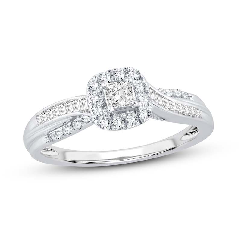 Diamond Engagement Ring 3/8 ct tw Princess, Round & Baguette White Gold Plated